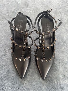 Valentino Garavani Black Leather Pyramid-Stud Strappy Pointed Heels